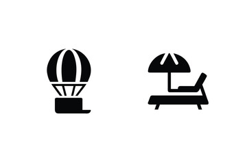 Hot air balloon and beach lounge icon set symbolizing travel adventure leisure and relaxation