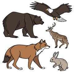 Illustration of a bear, eagle, deer, coyote, and rabbit, , showcasing diverse wildlife in a cartoon style for nature enthusiasts