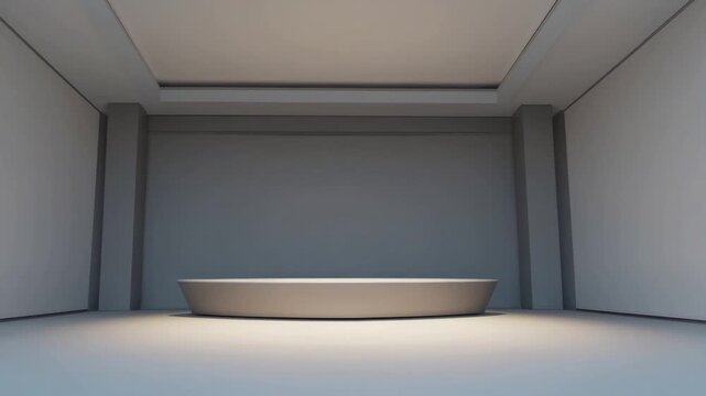 three-dimensional digitally rendered visualization of architectural interior space featuring unoccupied platform or stage area designed for electronic commerce applications
