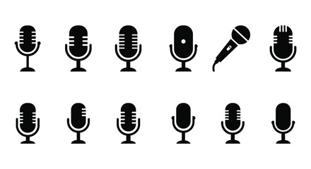 A collection of various microphone icons in black and white