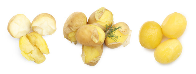 Tasty boiled potatoes isolated on white, set. Top view