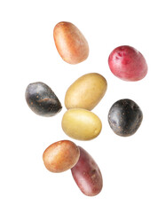 Different types of fresh potatoes falling on white background
