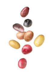 Different types of fresh potatoes falling on white background