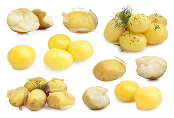 Tasty boiled potatoes isolated on white, collage