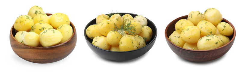 Tasty boiled potatoes with fresh dill in bowls isolated on white, set