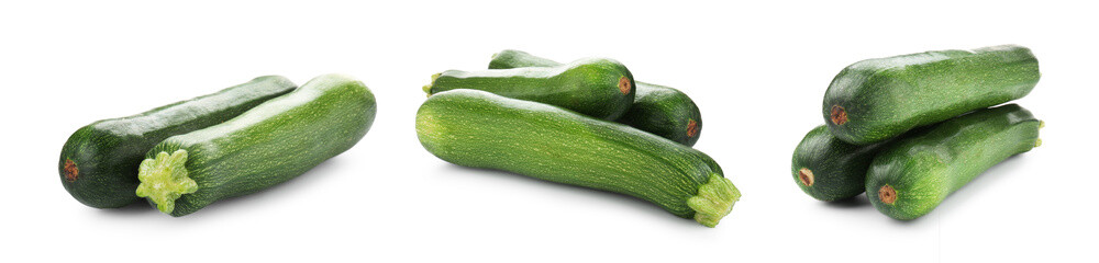 Fresh ripe zucchinis isolated on white, collage