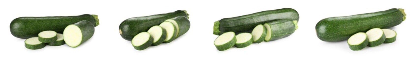 Fresh ripe zucchinis on white background, collage. Whole and sliced