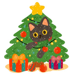 Christmas Black Cat with Tree – Cute Holiday Illustration
