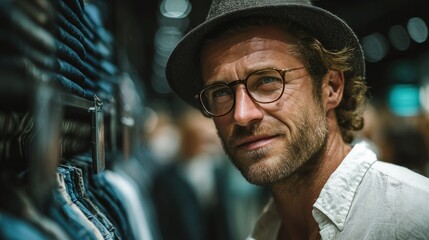 Man with glasses and hat shops for clothes in store, eyes focused
