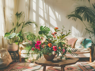 Fototapeta premium A cozy living space filled with lush greenery and a beautifully arranged bouquet of fresh flowers, creating a peaceful and inviting atmosphere for relaxation and enjoying nature indoors.