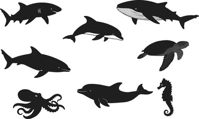 Ocean animals silhouettes set including shark, whale, dolphin, turtle, octopus, and seahorse, perfect for marine life, sea creatures, wildlife, and ocean vector illustration