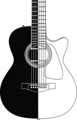 Black and white acoustic guitar illustration on a white background