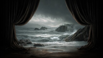 Dramatic stormy sea view through dark drapes (1)