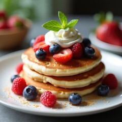 Fluffy Pancakes Topped with Fresh Berries and Whipped Cream