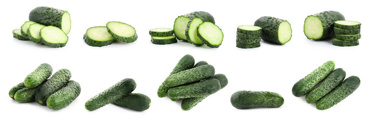 Fresh cucumbers isolated on white, collage. Whole and sliced