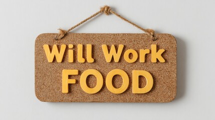 A corkboard sign displaying the phrase "Will Work for Food" in yellow letters, conveying a humorous message about work and sustenance.