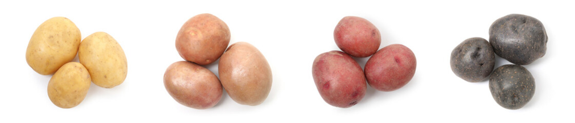 Different types of raw potatoes isolated on white, set. Top view