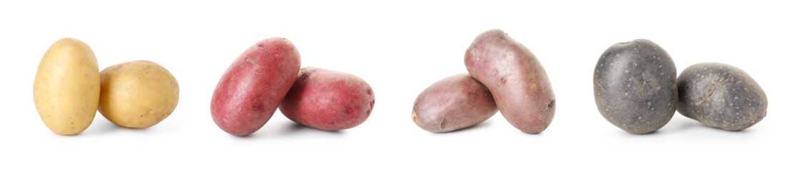 Different types of raw potatoes isolated on white, set