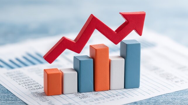 A colorful bar graph with an upward arrow represents growth and success in financial metrics, set against a background of data sheets. - Powered by Adobe