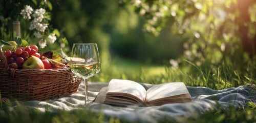 Picnic in a garden setting with a glass of wine and an open book