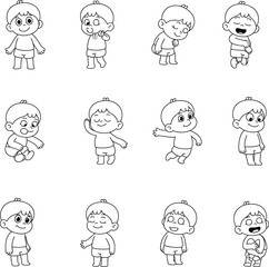 Cute cartoon boy character expressions, black and white line art, emotional kid poses, vector illustration set, outline children drawing