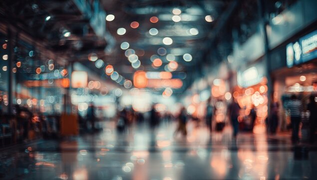 Blurred view of a bustling airport terminal