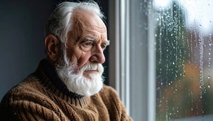 Solitude by the Window: An elderly man gazes pensively out a rain-streaked window, his weathered face reflecting a sense of introspection and quiet contemplation. A poignant moment of reflection.