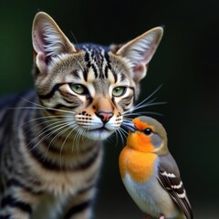 A Gentle Encounter Between a Tabby Cat and a Small Bird in Nature