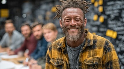 Smiling Black man with dreads and beard in yellow shirt, other people blurred in background