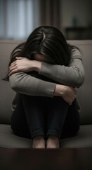 Fototapeta premium Woman grieving indoors, home, dimly lit, sadness