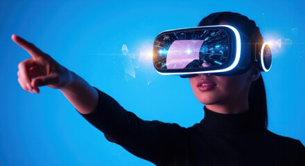 Woman engaging with virtual reality technology, pointing towards a digital interface with abstract visuals