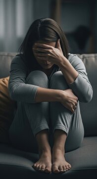 Woman grieving indoors, alone on couch, blurred background, mental health