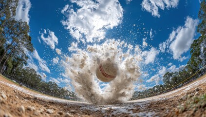 Baseball exploding in mid-air, fisheye perspective