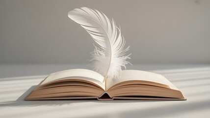 Open Book With Elegant White Feather on Soft Gray Background