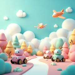 Obraz premium Whimsical Playtime Adventure with Cute Cartoon Vehicles and Sky Planes in a Dreamy Landscape