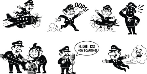 Black and white cartoon pilot illustrations, airplane humor, flight scenes, aviation comedy, airport announcement, running on plane, flying, travel, funny aircrew