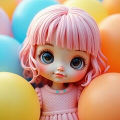 Fototapeta premium Adorable Girl Doll with Big Blue Eyes Surrounded by Colorful Balloons Celebration Joy