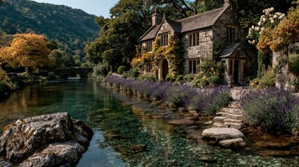 Idyllic stone cottage by clear river, vibrant foliage and peaceful landscape