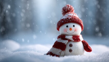 Fototapeta premium Adorable snowman wearing a red hat and scarf in a snowy forest
