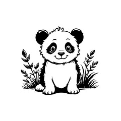 Fototapeta premium Adorable monochrome panda illustration sitting amidst lush foliage perfect for children's products