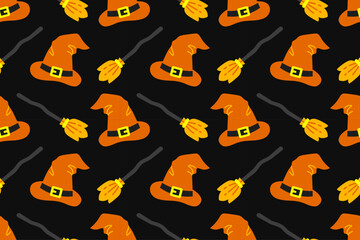 Seamless Halloween pattern with witch hats and broomsticks on black background. Perfect for magical crafts, invitations, and festive decor.