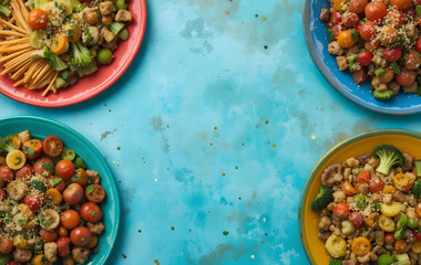 Colorful plates filled with vegetables and fruits