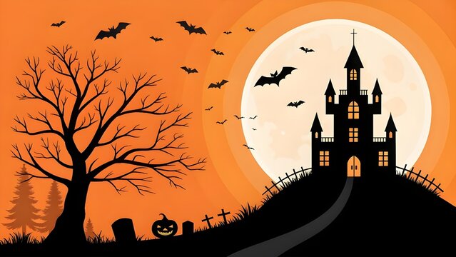 Spooky halloween castle silhouette under a giant full moon