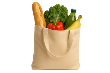 Reusable beige shopping bag loaded with fresh produce: baguette, kale, bell pepper, bananas, green juice bottle against transparent backdrop
