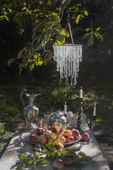 Rustic garden still life with freshly picked apples on a wooden table surrounded by greenery. Natural light, organic and seasonal harvest theme.