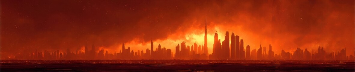 Fototapeta premium A city shrouded in fiery sunset