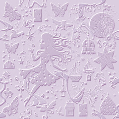 Obraz premium 3D embossed seamless pattern in soft purple tones with a girl in a dress, butterflies, a lantern and decorative elements in a magical and fairy tale style. Textured relief endless vector background.