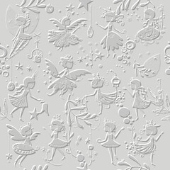 3D embossed seamless pattern in light gray with fairies, wings, stars and flowers. A dreamy and magical vector emboss endless texture with playful girls in fantasy style. Textured relief background.