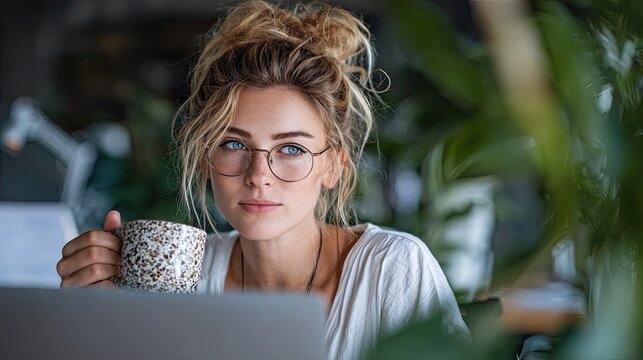 Businesswoman holding mug and working on laptop in office