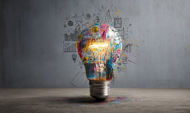 A glowing lightbulb filled with colorful sketches of charts, graphs, and ideas sits on a grey surface against a textured wall